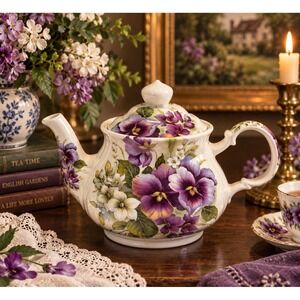 Sadler England Purple Pansy Floral Teapot Vintage Ceramic 6" Cottage Tea Pot